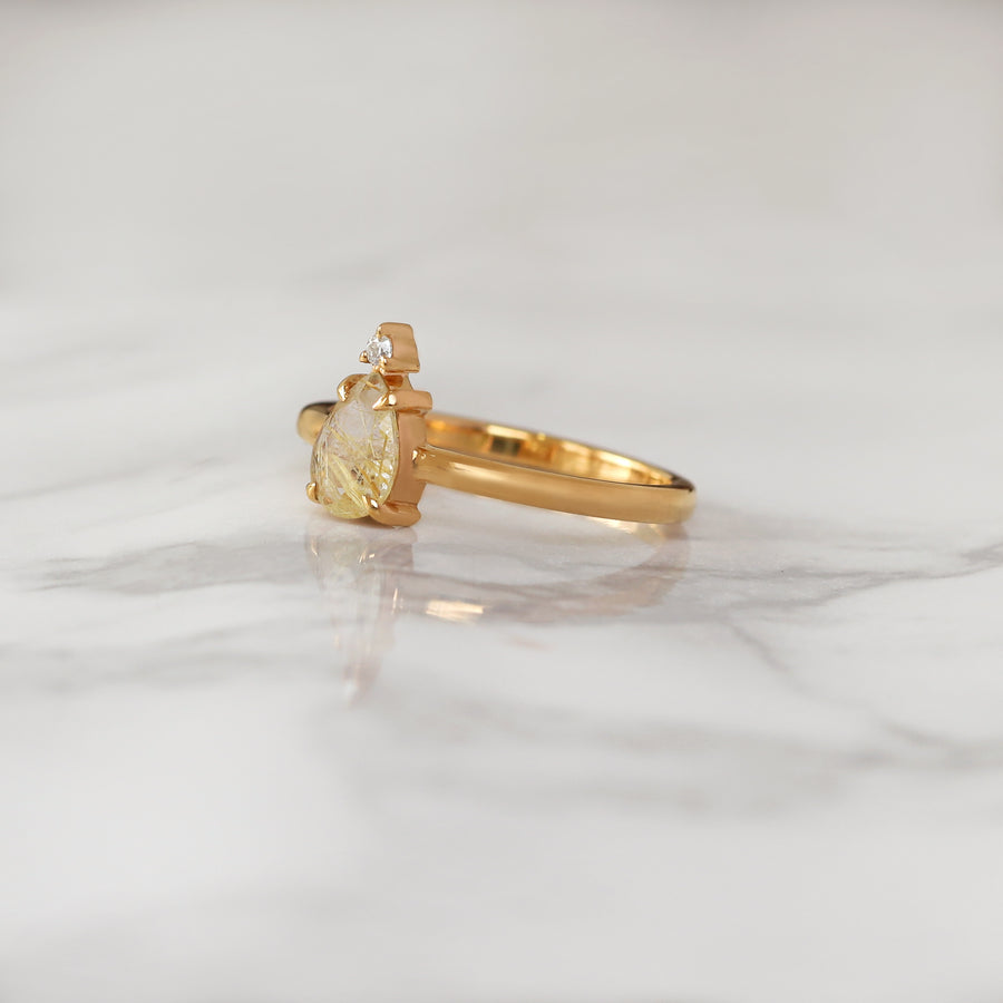 Eva Queen Pear Golden Rutile Quartz Ring with Moissanite
