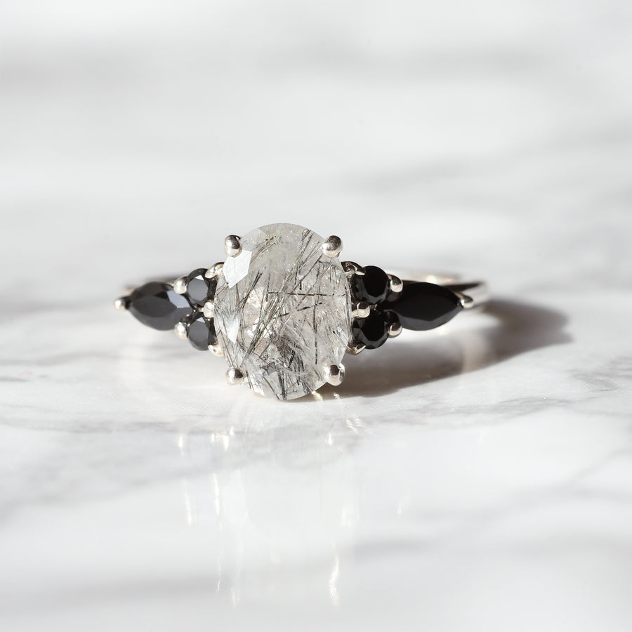 Lauryn Oval Black Rutile Quartz Ring with Black Spinel