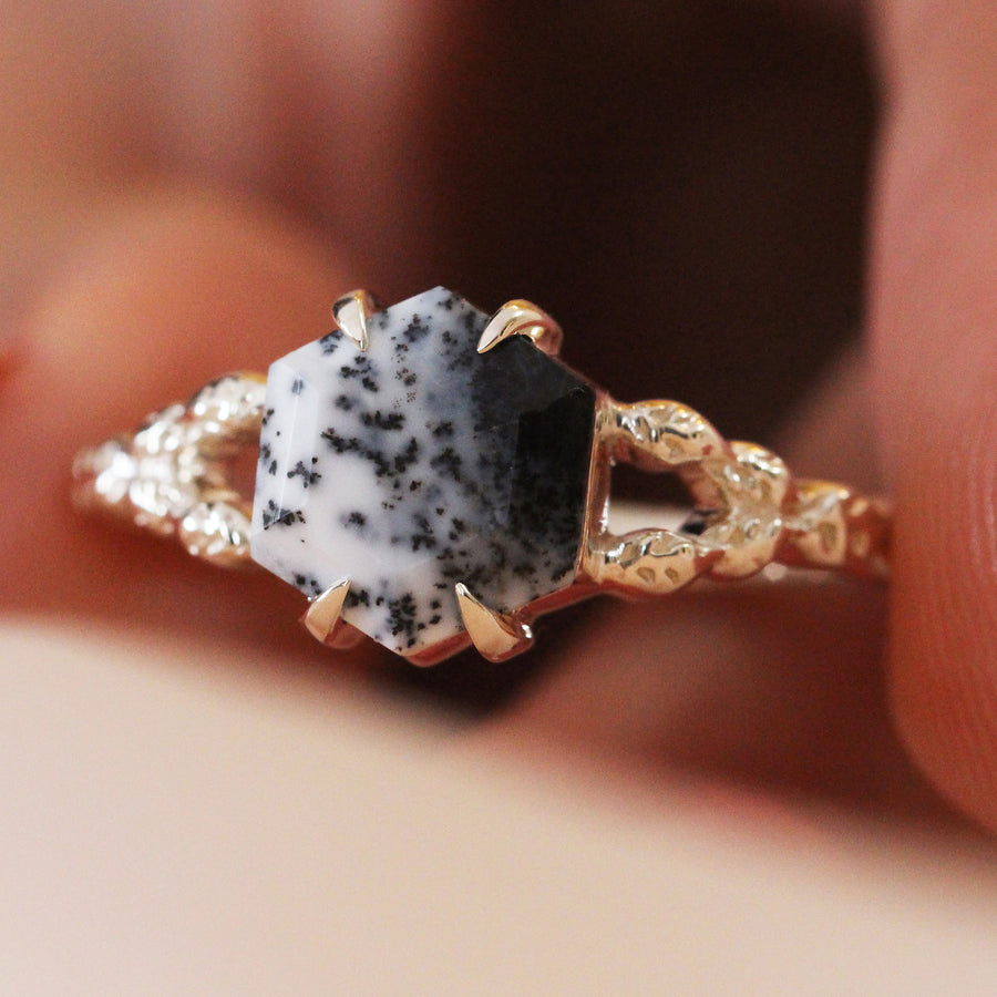 Gaia Hexagon Dendritic Opal Ring with Leaves Band