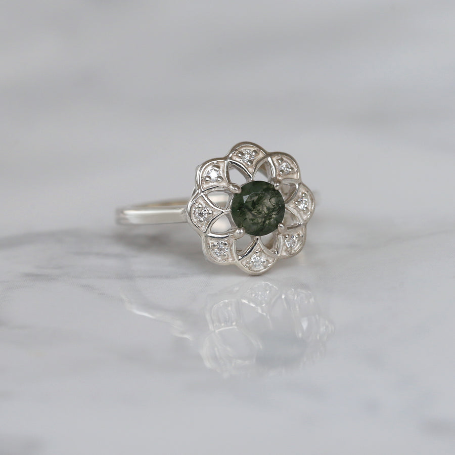Roma Moss Agate Ring with side Moissanite.
