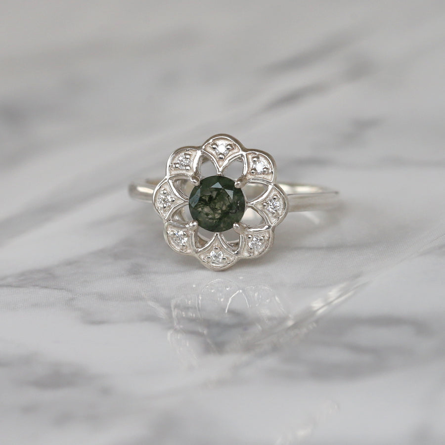 Roma Moss Agate Ring with side Moissanite.