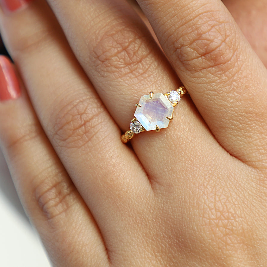 Vista Hexagon Moonstone Ring with Leaves Band