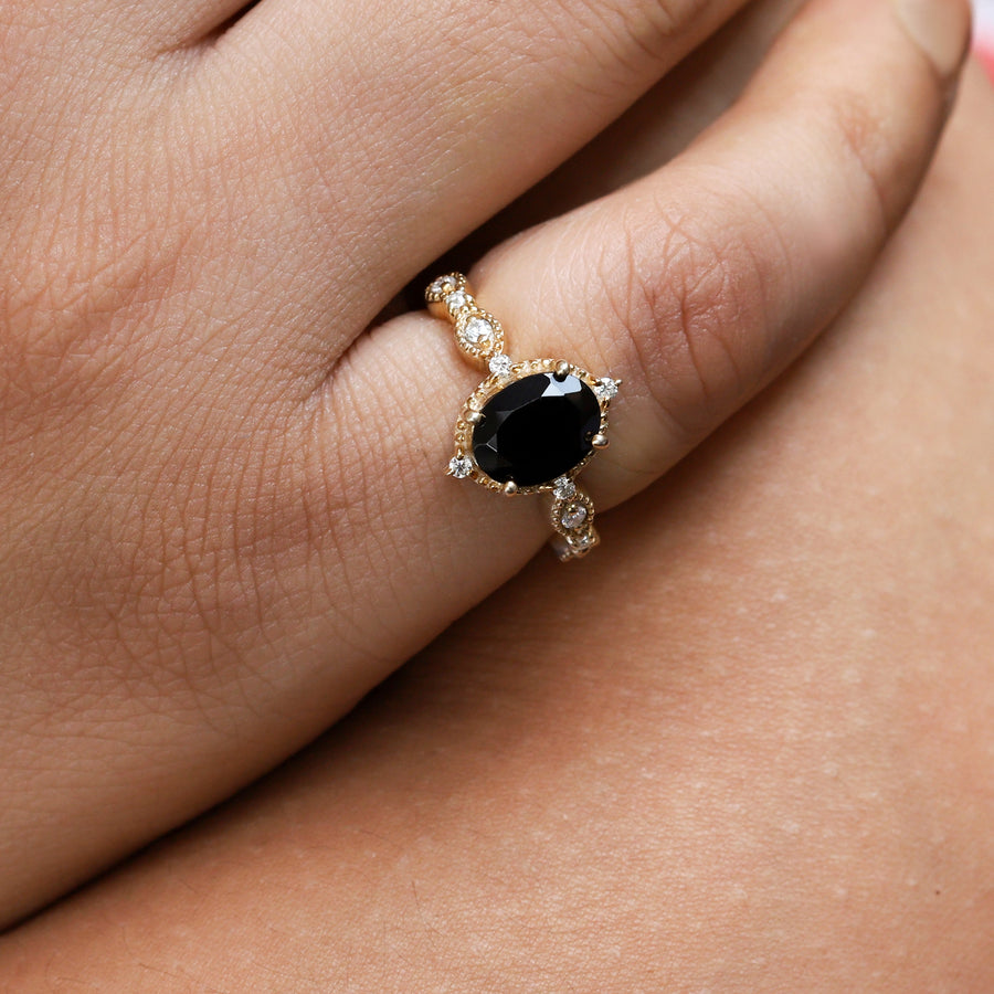Amelia Oval Vintage Inspired Black Spinel Ring With Side Moissanite