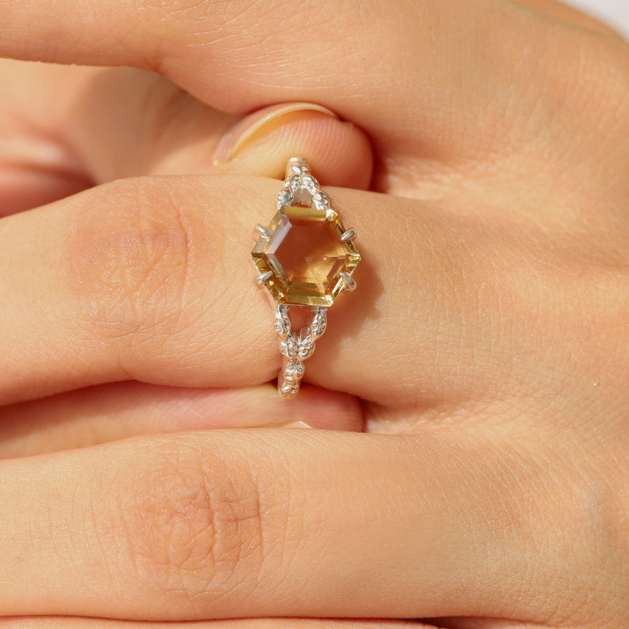 Gaia Hexagon Citrine Ring with Leaves Band