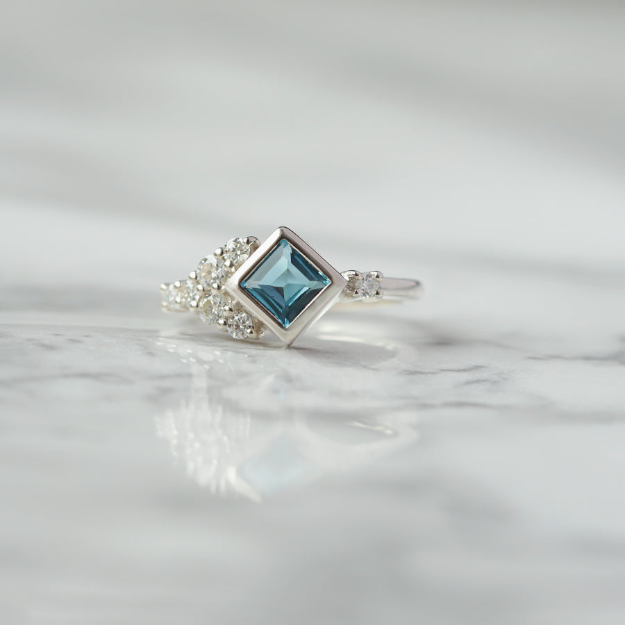 Isla London Blue Topaz Square Ring with side Moissanite