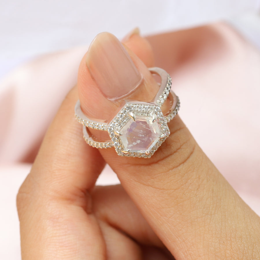 Serena Hexagon Moonstone Ring with Double Pave Band