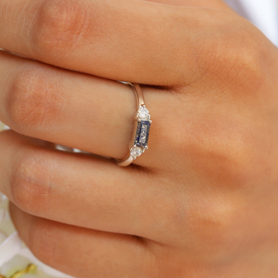 Ellen Lapis Lazuli Baguette Ring with side Moissanite