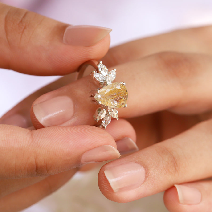 Monica Pear Golden Rutile Ring with Petal Marquise Moissanite