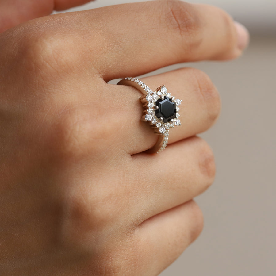 Cleo Black Spinel Ring with side Moissanites