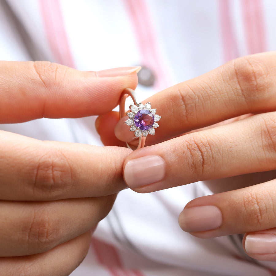 Flora Round Amethyst Ring with Halo Moissanite