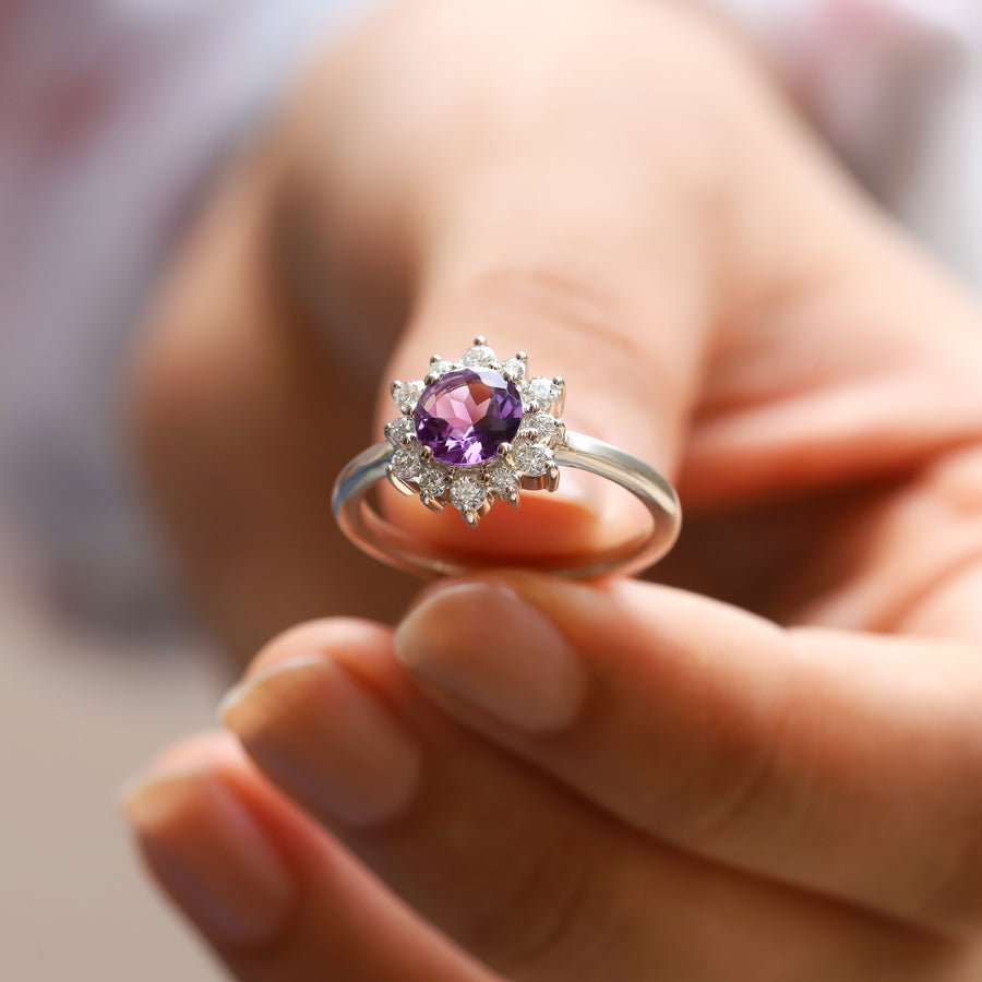 Flora Round Amethyst Ring with Halo Moissanite