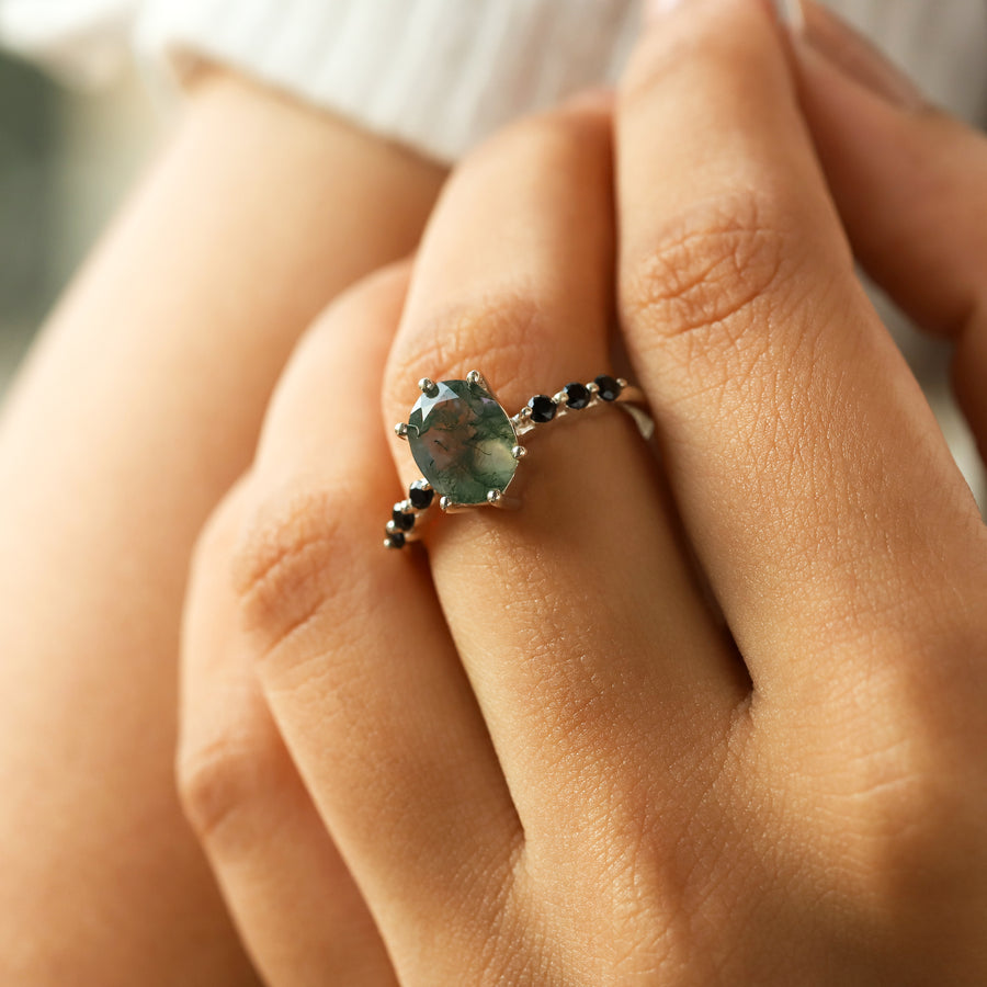 Stella Oval Solitaire Moss Agate Ring with Black Spinel