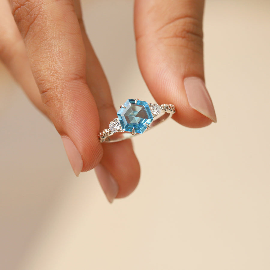 Rana Hexagon Swiss Blue Topaz Ring with Leaves Band