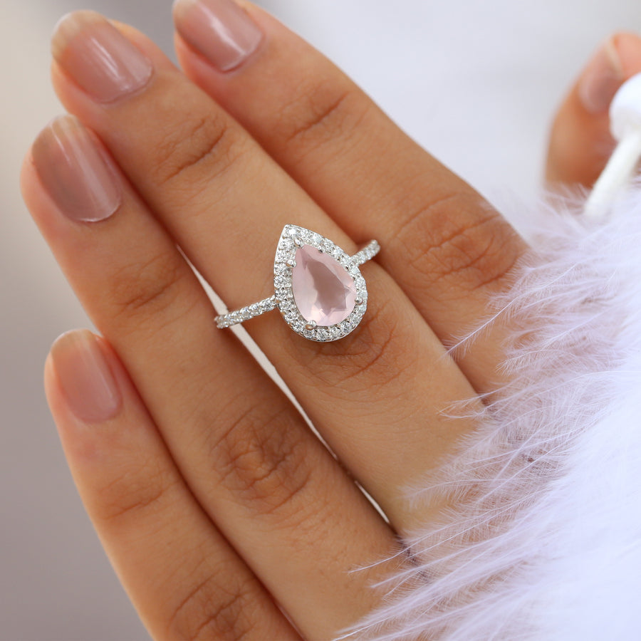 Britney Pear Rose Quartz Ring with Moissanite Pave Halo