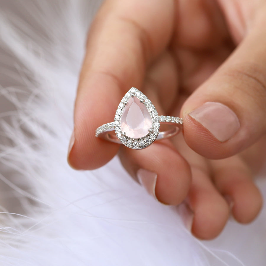 Britney Pear Rose Quartz Ring with Moissanite Pave Halo