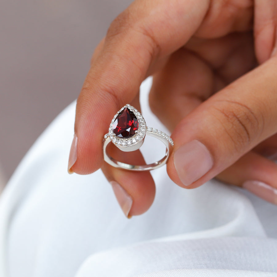 Britney Pear Garnet Ring with Moissanite Pave Halo