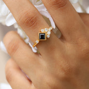 Isla Black Spinel Square Ring with side Moissanite