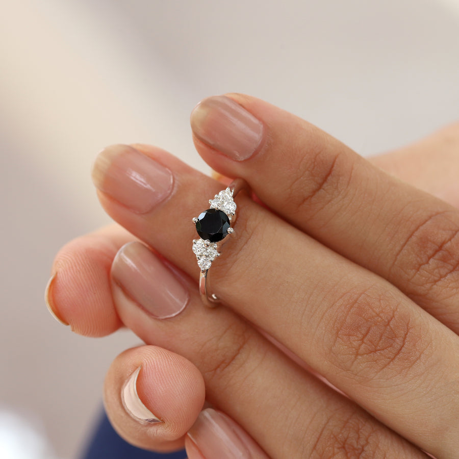 Irene Round Black Spinel with Moissanite Ring