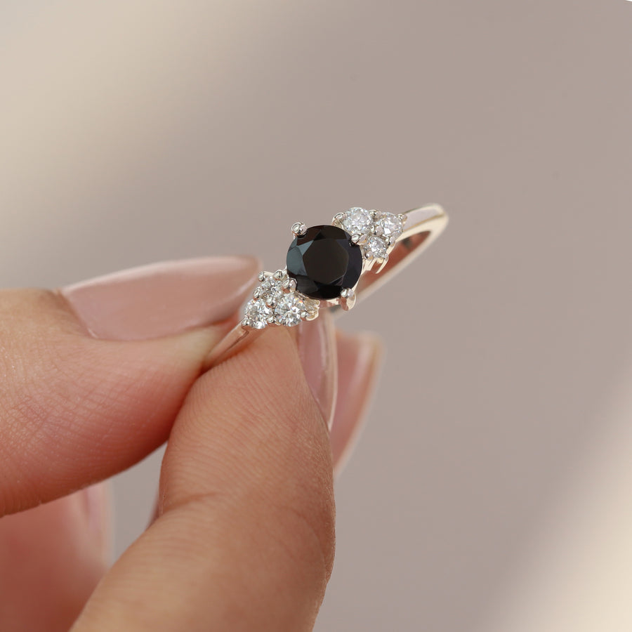 Irene Round Black Spinel with Moissanite Ring