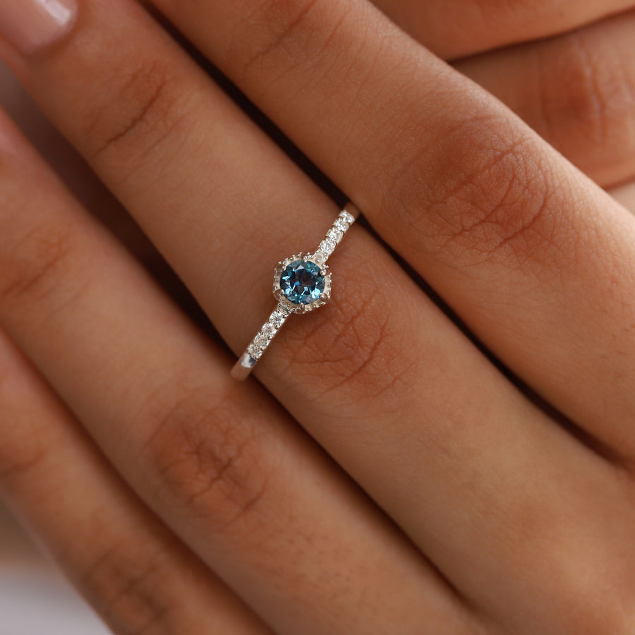 Bella Round London Blue Topaz Ring with side Moissanite