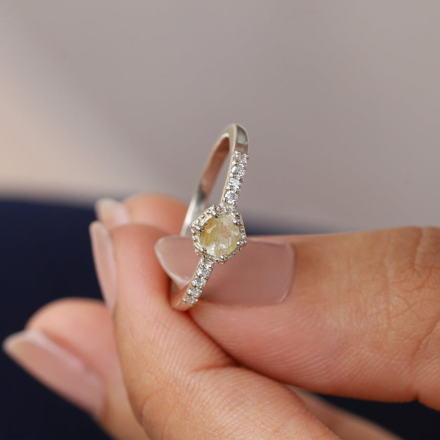 Bella Round Golden Rutile Ring with side Moissanite