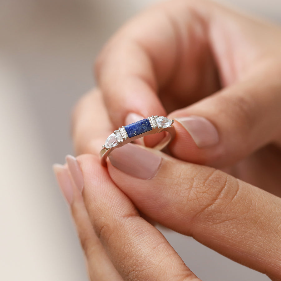 Tania Lapis Lazuli Baguette Ring with White Topaz