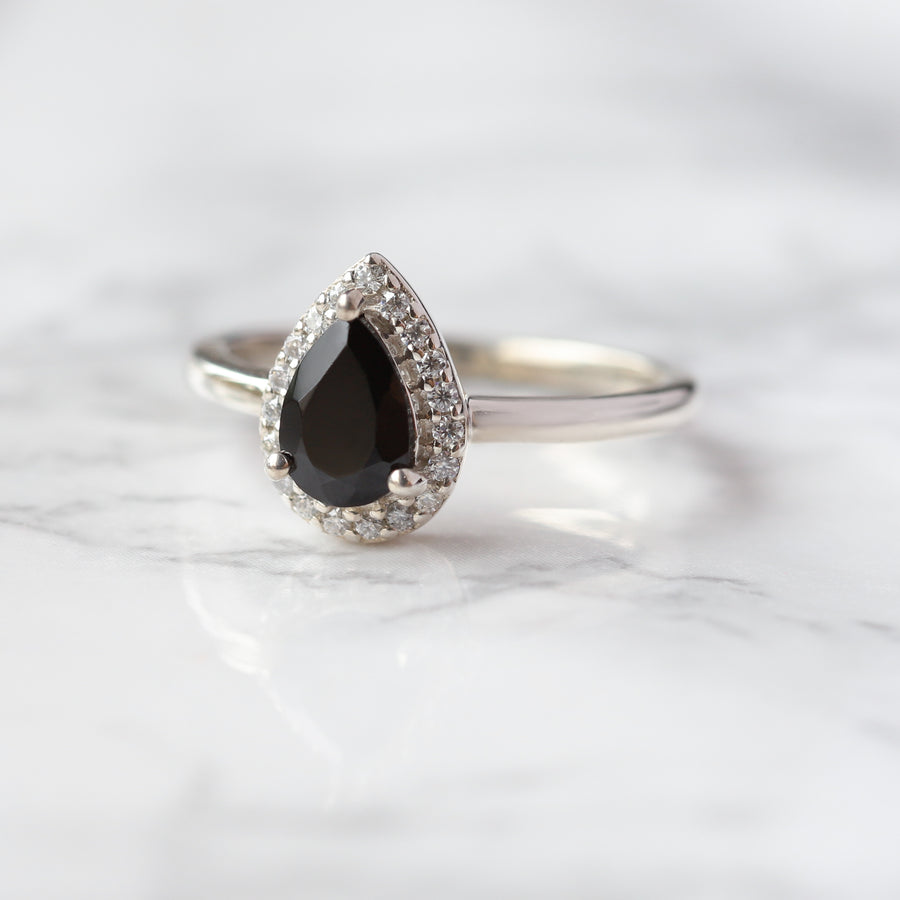 Britney Pear Black Spinel Ring with Moissanite Pave Halo
