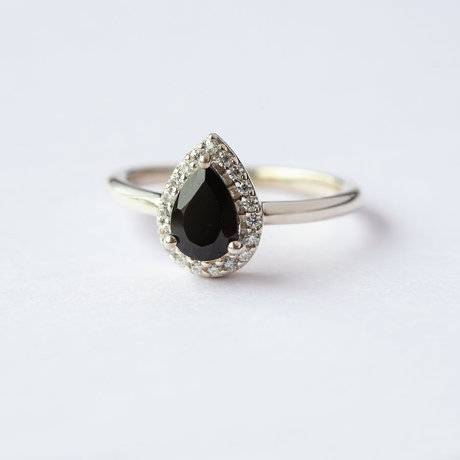 Britney Pear Black Spinel Ring with Moissanite Pave Halo