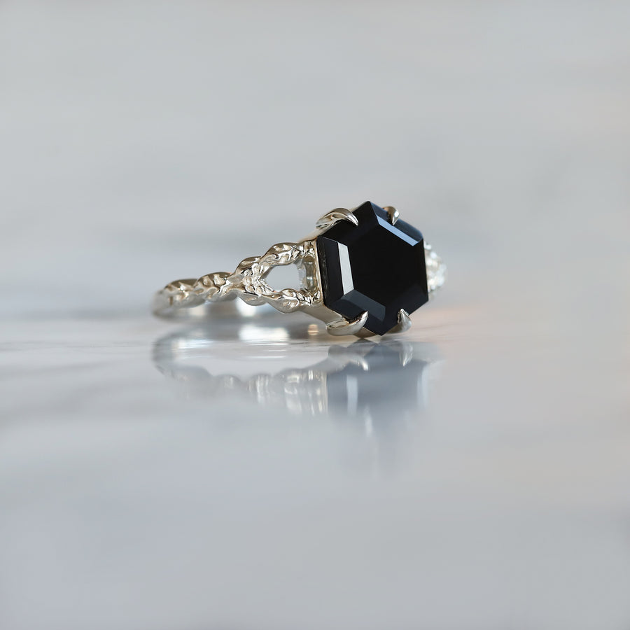 Gaia Hexagon Black Spinel Ring with Leaves Band