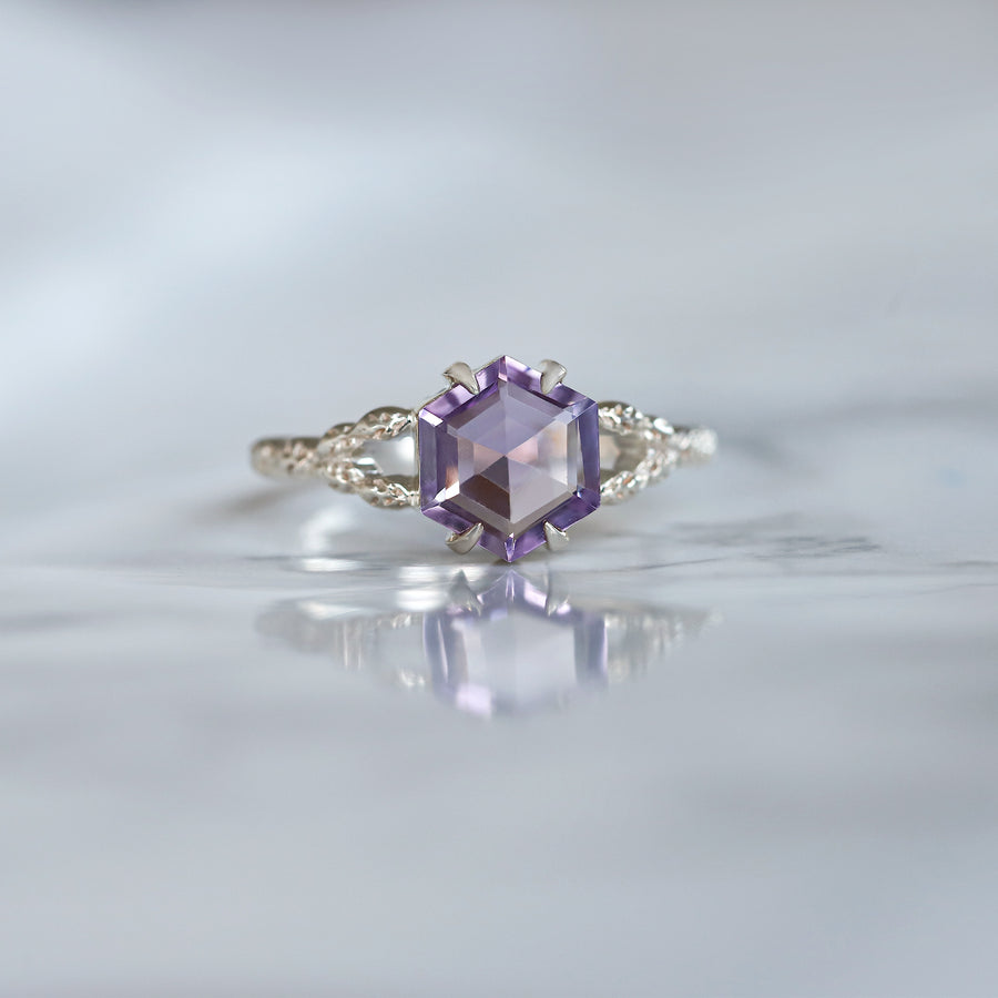 Gaia Hexagon Amethyst Ring with Leaves Band