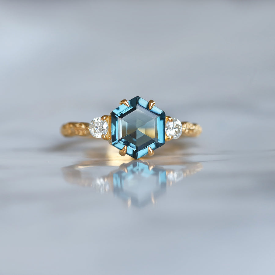 Rana Hexagon London Blue Topaz Ring with Leaves Band
