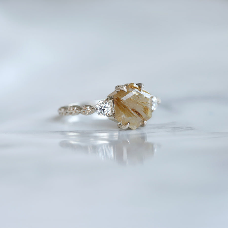 Rana Hexagon Golden Rutile Ring with Leaves Band