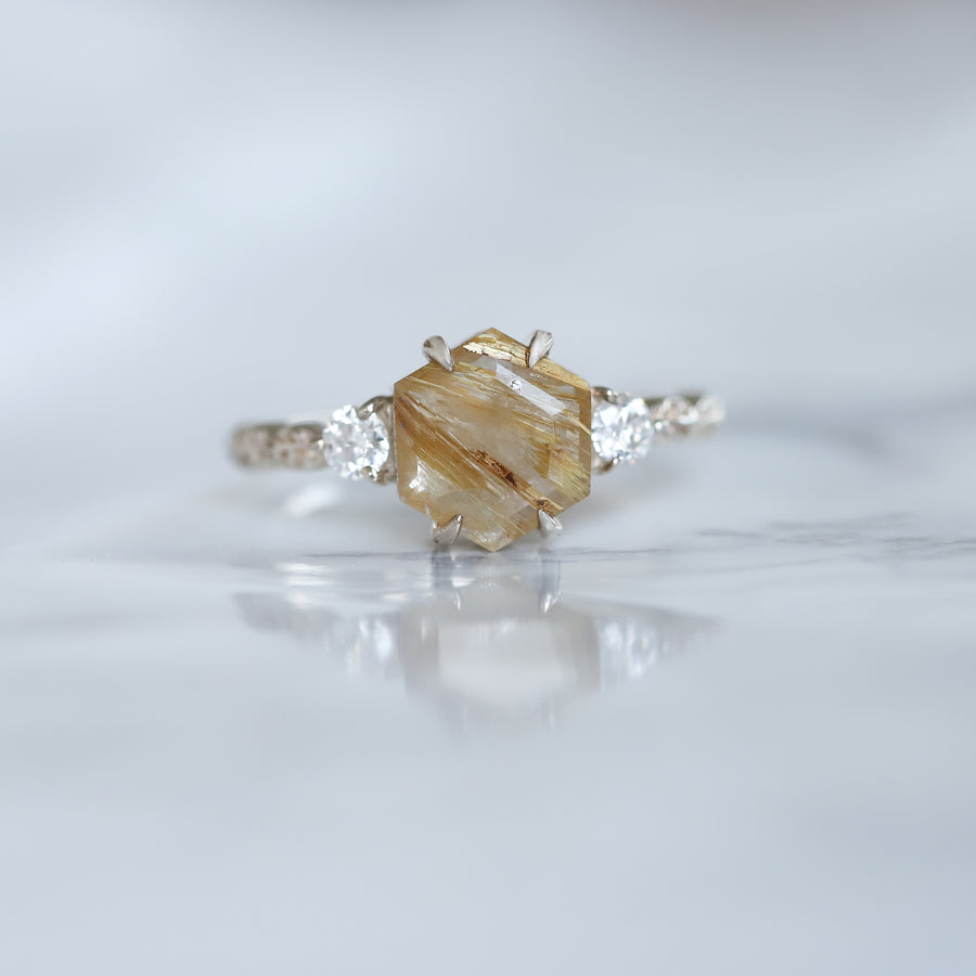 Rana Hexagon Golden Rutile Ring with Leaves Band