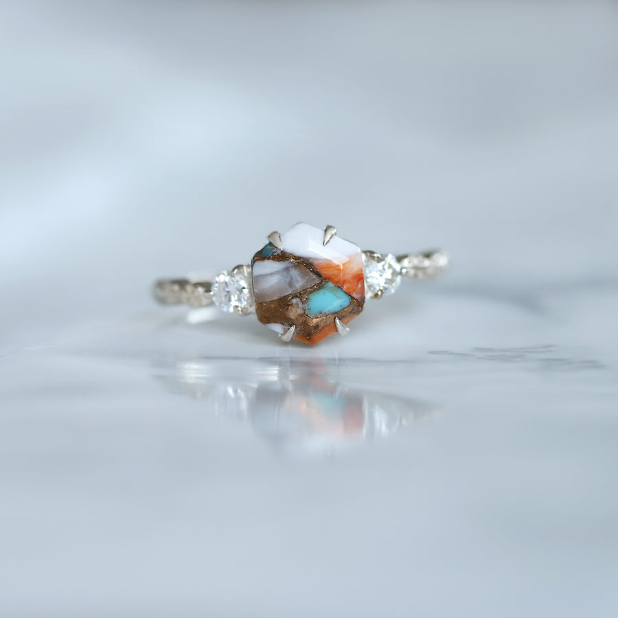 Rana Hexagon Oyster Turquoise Ring with Leaves Band