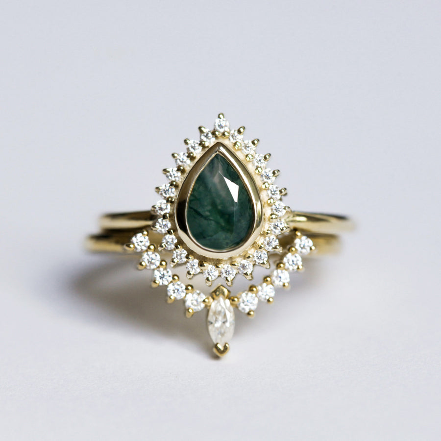 Venus Ring set with Pear Halo Moss Agate