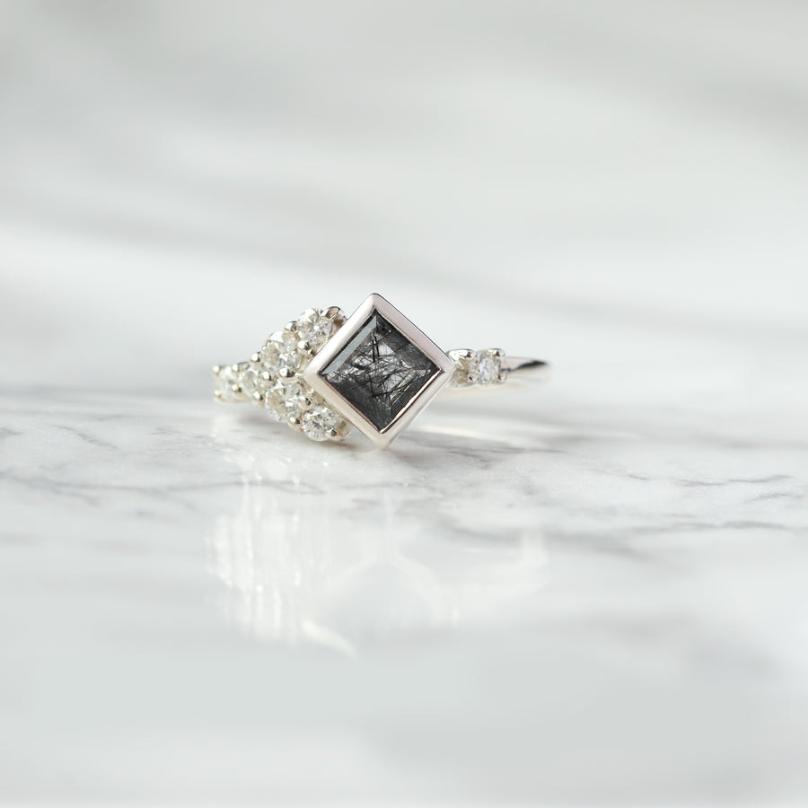 Isla Black Rutile Square Ring with side Moissanite