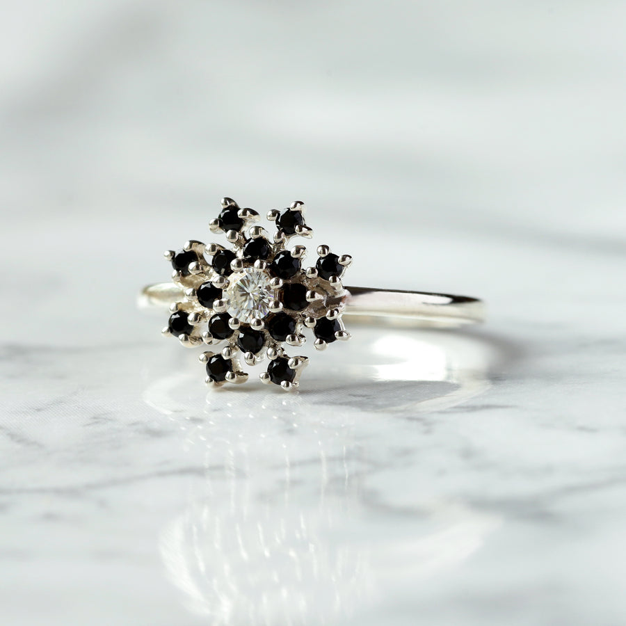 Clare Moissanite Ring with side Black Spinel