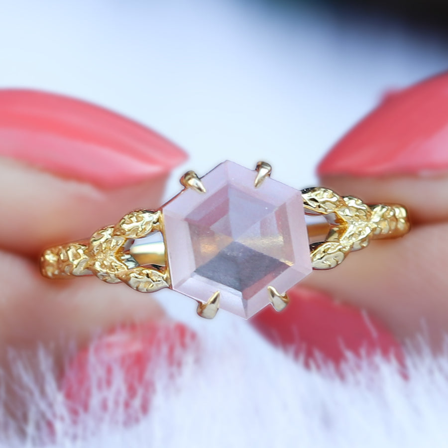Gaia Hexagon Rose Quartz Ring with Leaves Band