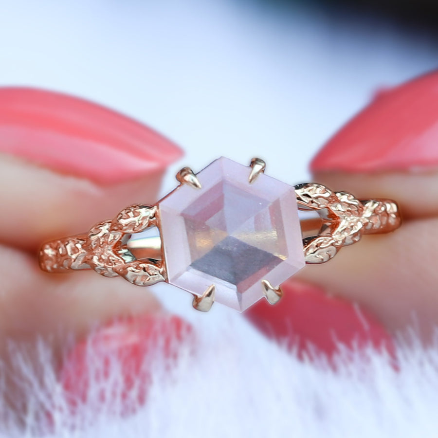 Gaia Hexagon Rose Quartz Ring with Leaves Band