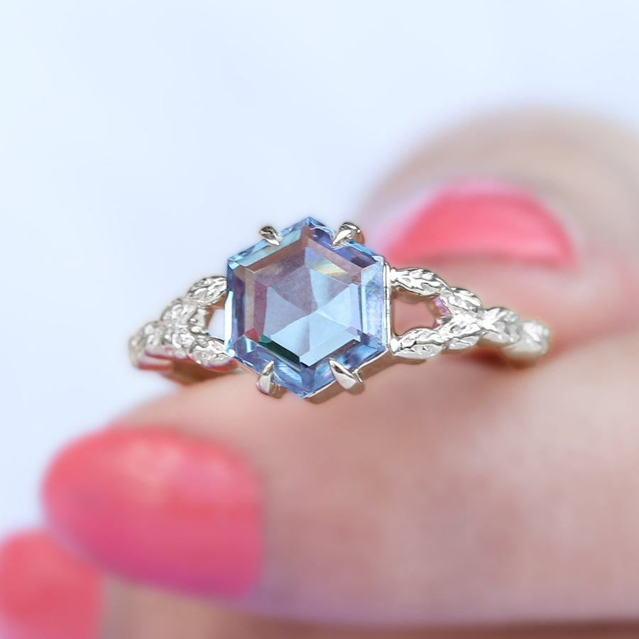 Gaia Hexagon Swiss Blue Topaz Ring with Leaves Band