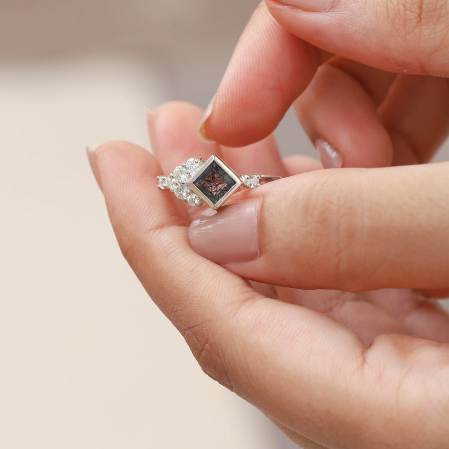 Isla Black Rutile Square Ring with side Moissanite