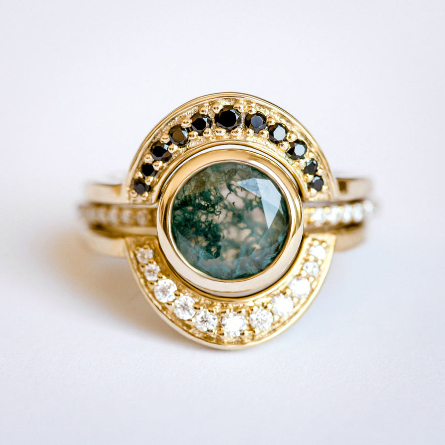 Sun Eclipse ring set with Moss Agate