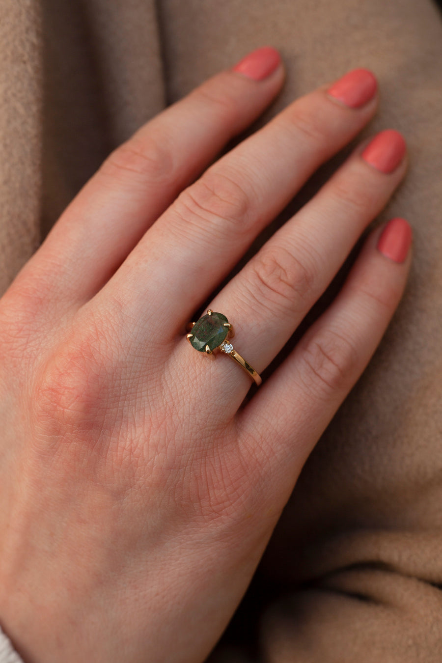 Taylor Oval Moss Agate Ring with Moissanite