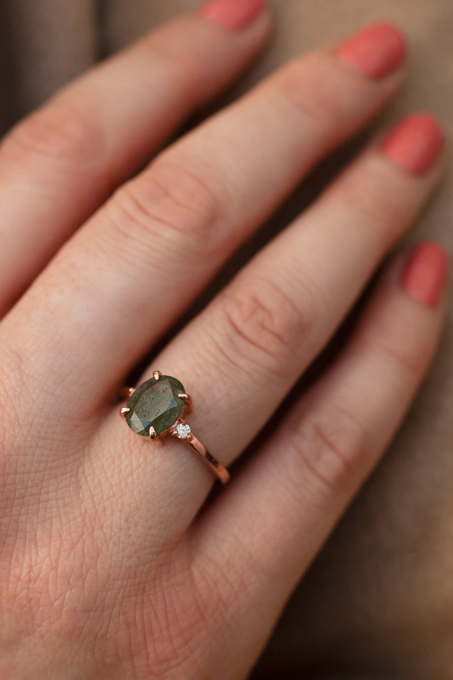 Taylor Oval Moss Agate Ring with Moissanite