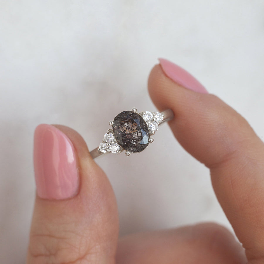 Olivia Black Rutile Quartz Ring with side Moissanite