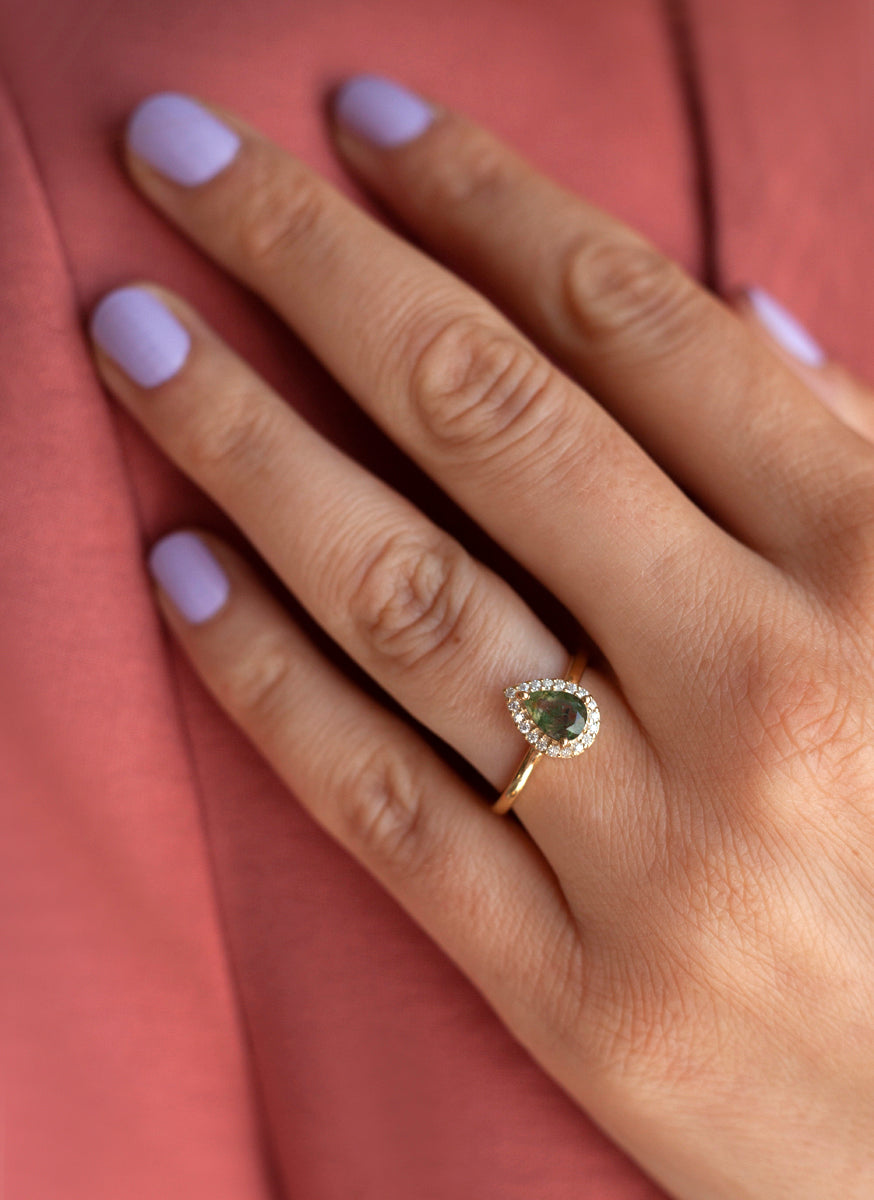 Tina Pear Moss Agate Ring with Halo Moissanites