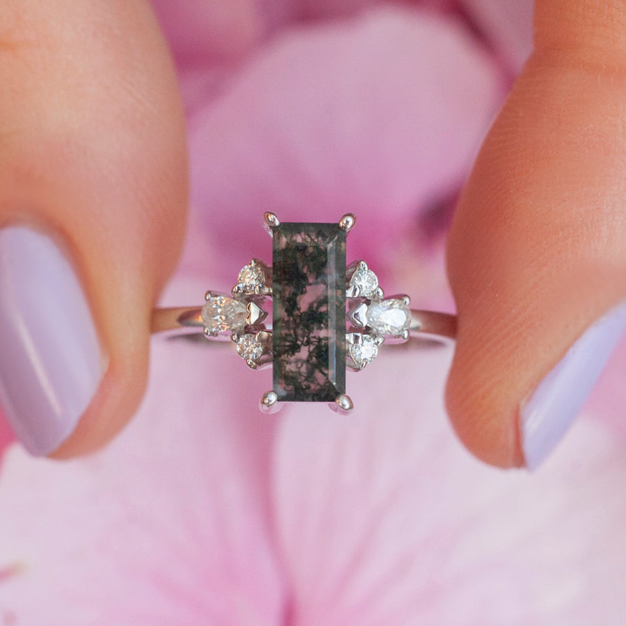 Sarah Moss Agate Baguette Ring with side Moissanites
