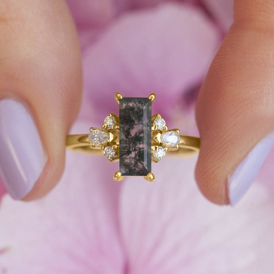 Sarah Moss Agate Baguette Ring with side Moissanites