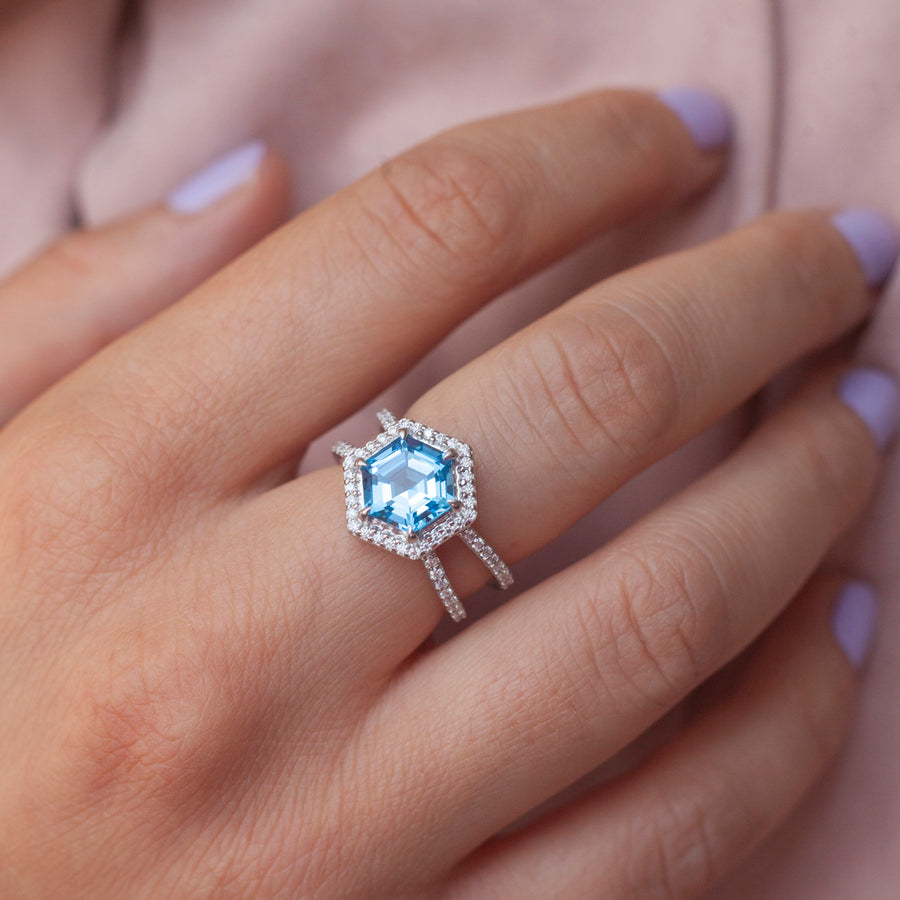 Serena Hexagon Swiss Blue Topaz Ring with Double Pave Band
