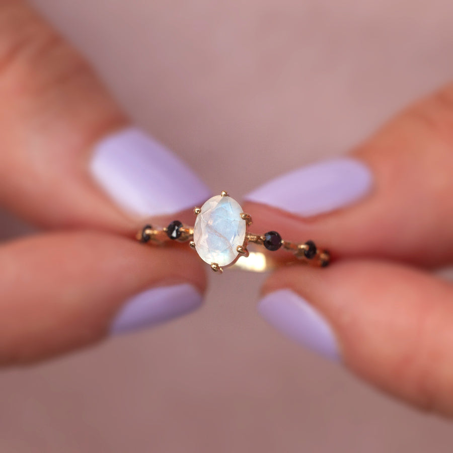 Ophelia Moonstone ring with Black Spinel